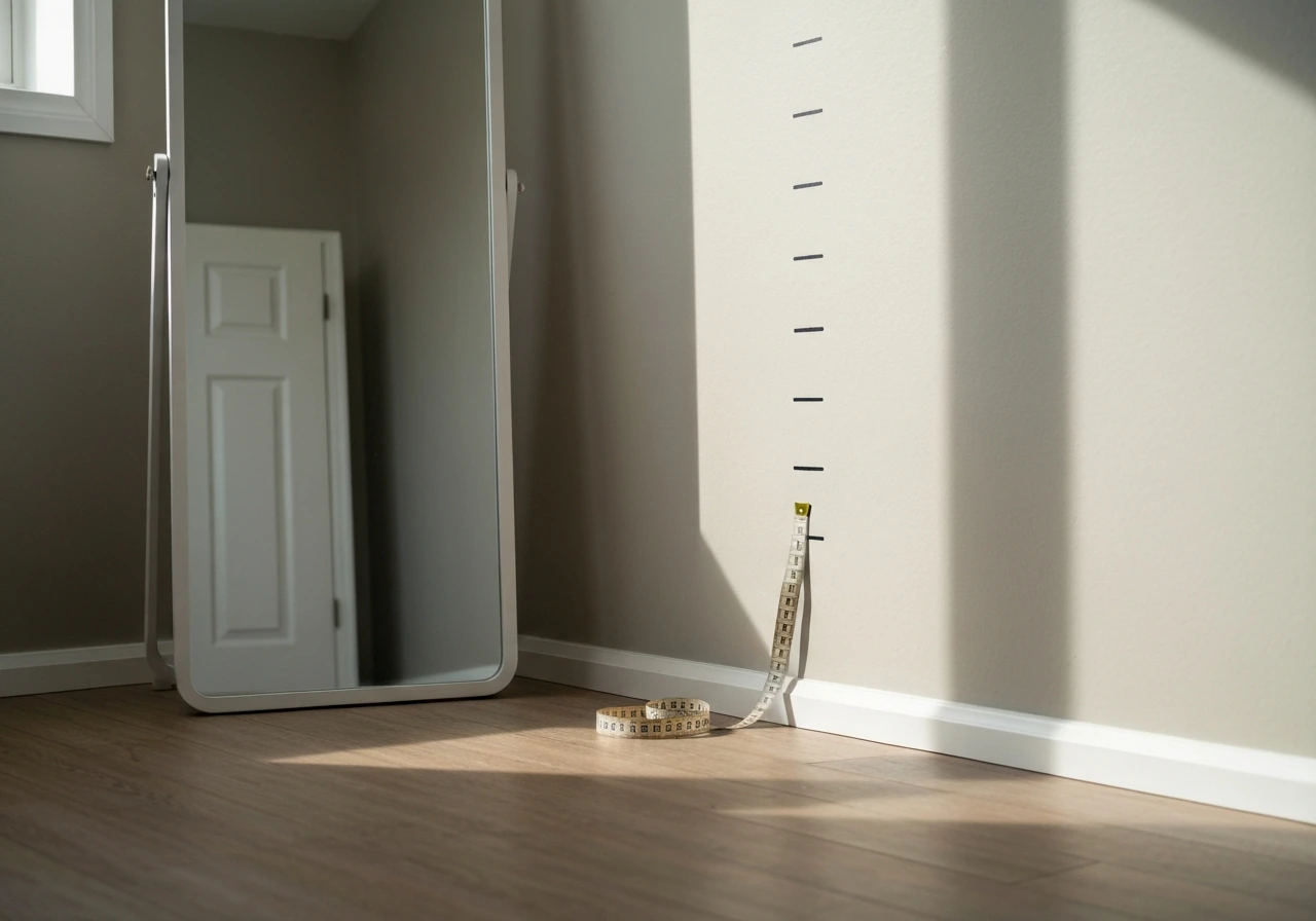 Teenage bedroom with a simple height-growth mirror stand in soft light, suggesting rapid, uneven growth spurts.