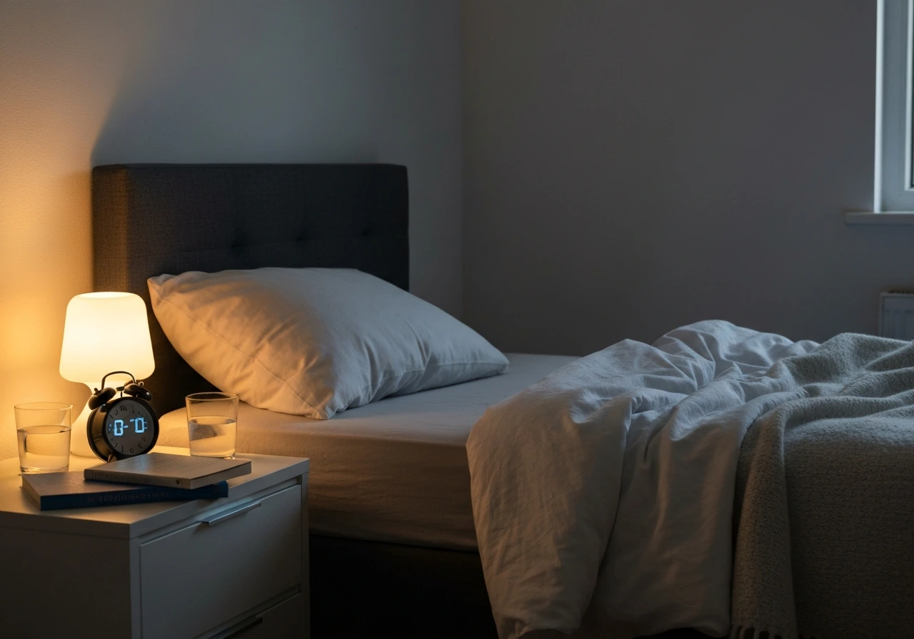 Teenager’s bedroom at bedtime with dim lights and a bedside alarm clock before sleep.