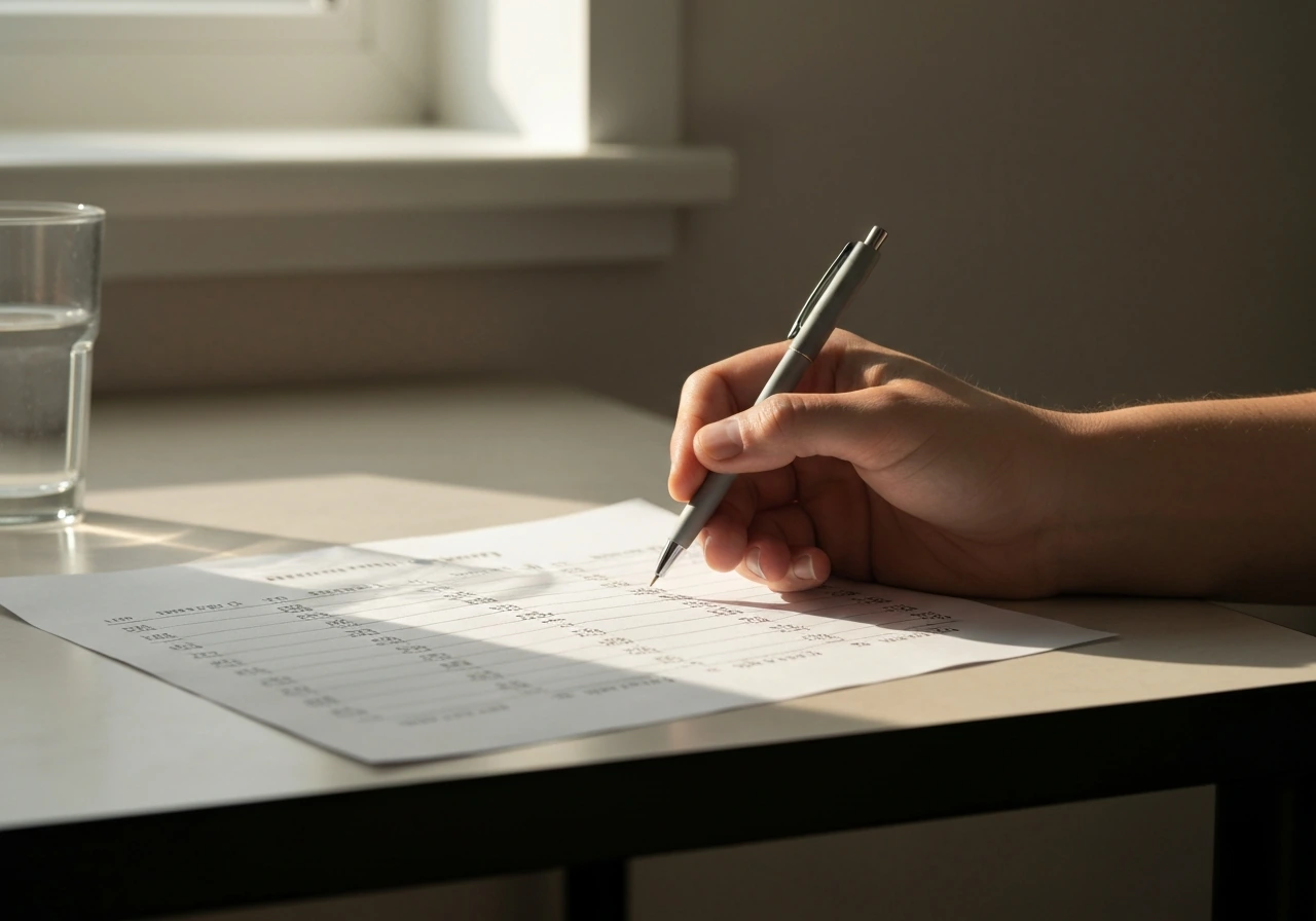 Hand holding a pen over a printed height log with repeated monthly entries on a kitchen table