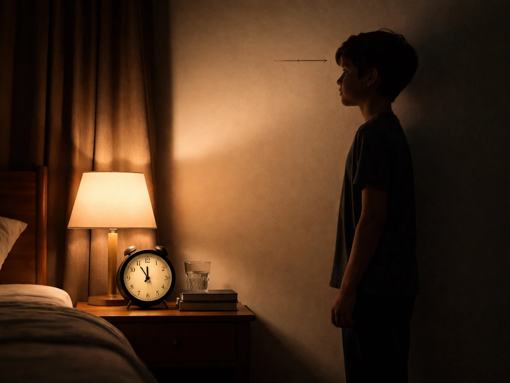 Late evening bedside clock beside a child silhouette by a wall, symbolizing sleep timing and growth.