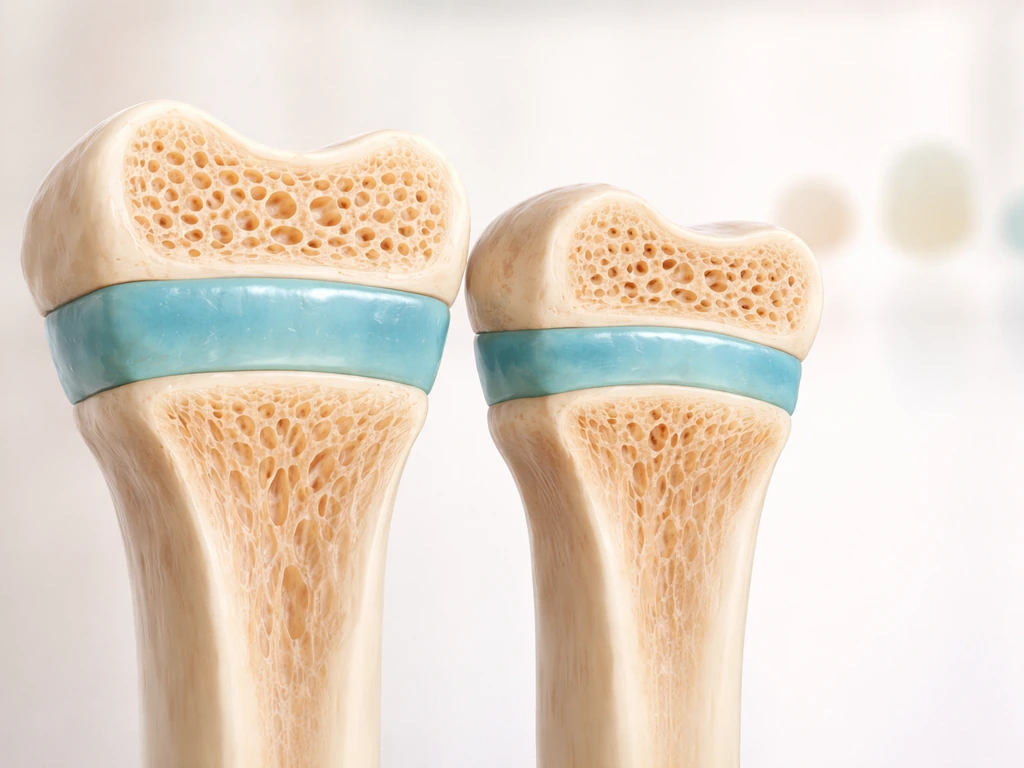 Close-up of a realistic long-bone end showing open vs closing growth plate cartilage on a neutral background.