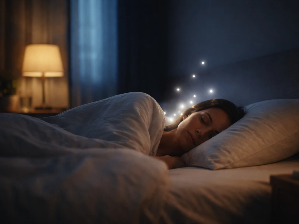 Minimal nighttime bedroom scene with a soft glow suggesting deep slow-wave sleep and pulse-like hormone release