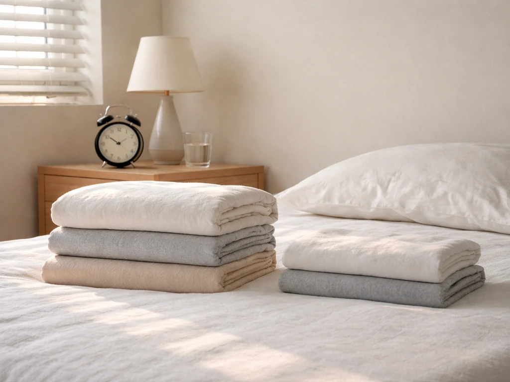 Bedroom at late morning with clock and two blanket stacks suggesting enough vs too little sleep