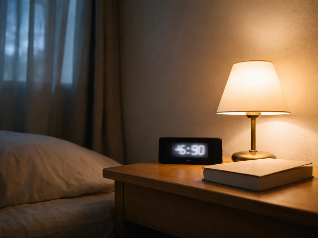 Minimal bedside scene with an alarm clock and warm reading lamp suggesting a consistent sleep routine