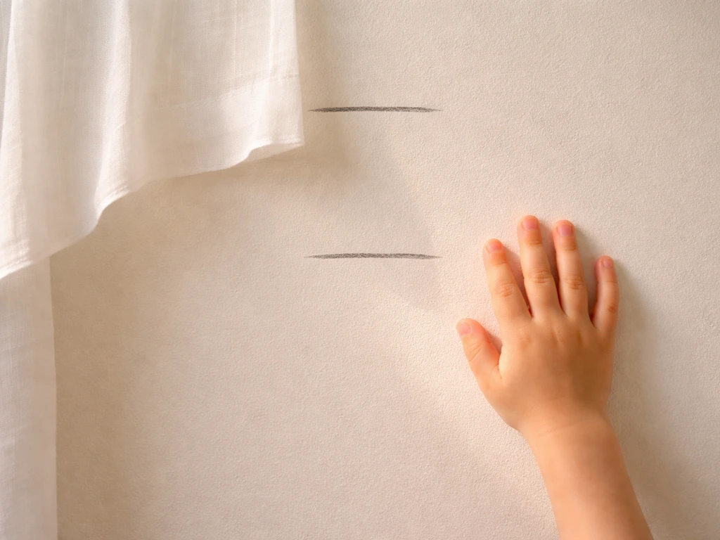 Anonymous child’s hand beside a measuring tape showing higher growth mark vs lower before mark.
