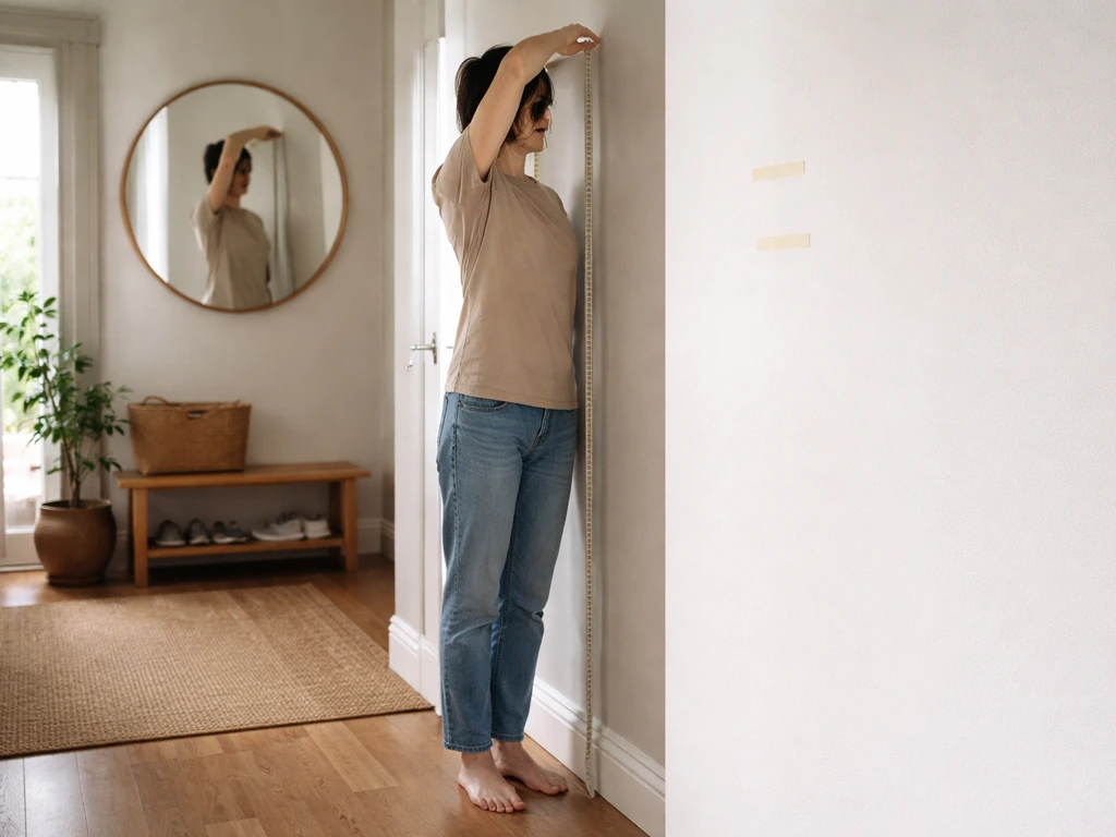 Person measuring height at a doorway mirror with a tape, showing a noticeable jump in a height comparison setup