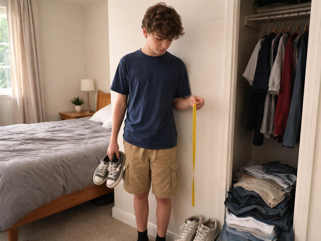 Teen in a bedroom holding a measuring tape with outgrown clothes and sneakers nearby, showing sudden growth.