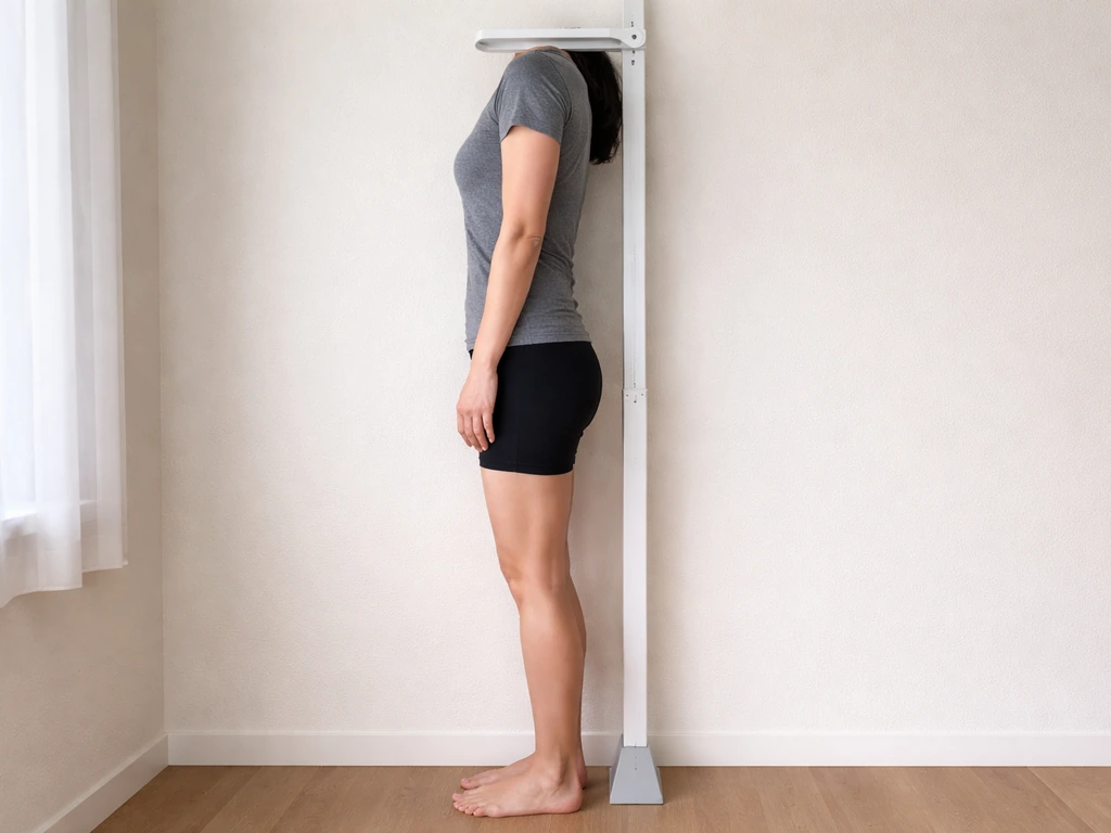Person measuring height at home against a flat wall with heels, butt, upper back, and head aligned