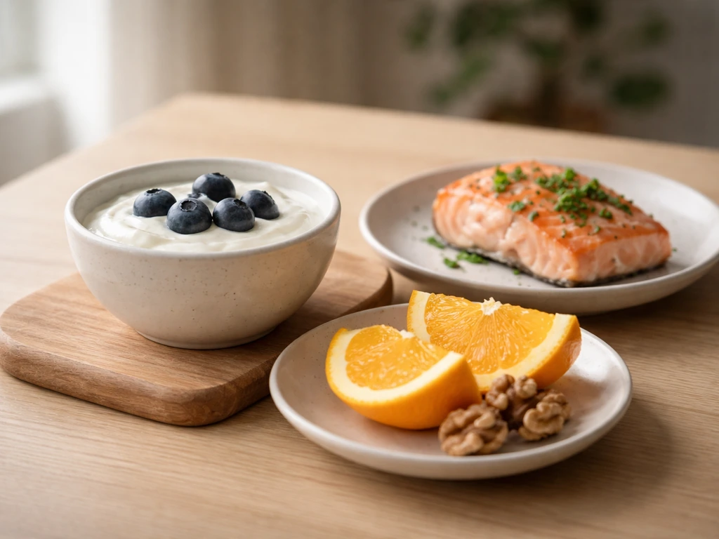 Close-up meal of protein, calcium-rich dairy, and vitamin D foods on a simple wooden table.