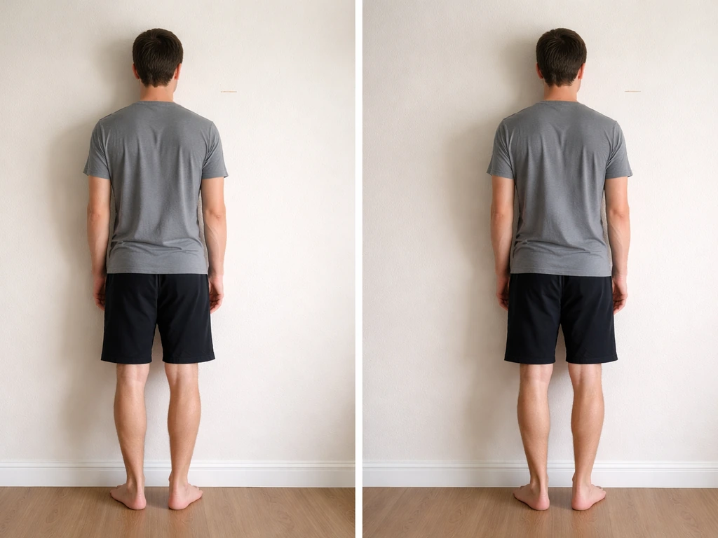 Person demonstrating correct wall height measurement setup with feet flat on firm floor and head in neutral position.
