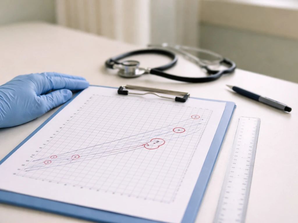 Pediatric clinic exam table with growth chart printout and a ruler beside a stethoscope, red-flag point circled.