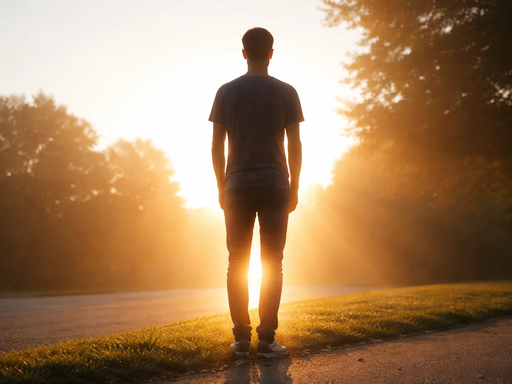 Backlit silhouette under bright sunrise rays, implying vitamin D and indirect height support