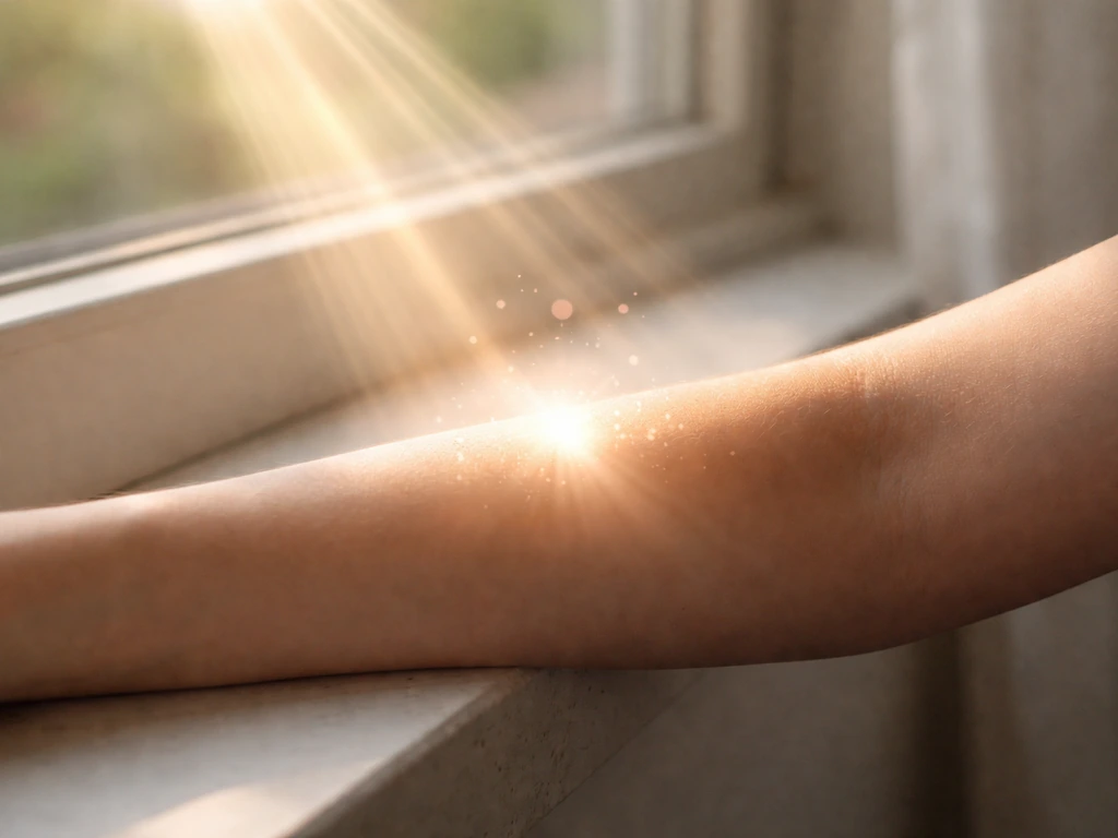 Sunlight UVB rays hitting bare forearm, warm skin glow suggesting UVB transforming into vitamin D.