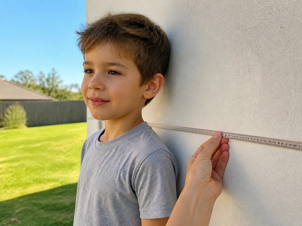 Child outdoors in sunlight with hands measuring height against a wall-mounted tape