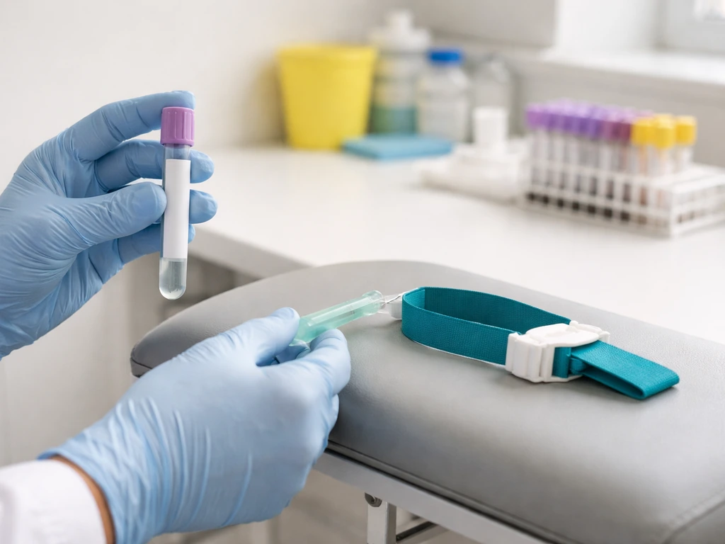 Clinician prepares a blood draw kit beside a lab testing setup for a vitamin D (25(OH)D) blood test.