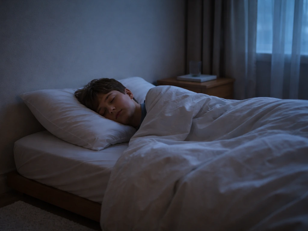 Teenager in a simple bedroom asleep through a full night, with soft morning light filtering in.