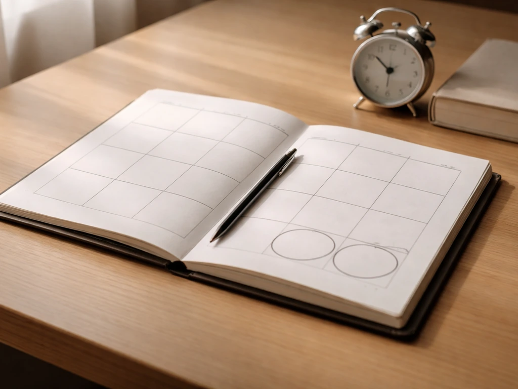 An open planner on a desk with circled weekend days and a nearly empty schedule beside a closed book.