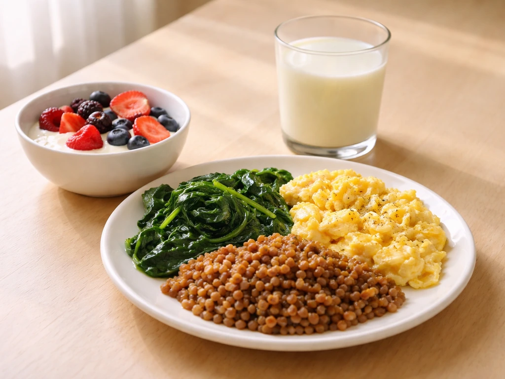 Balanced meal on a light wood table: yogurt with berries, eggs, leafy greens, and beans with milk.