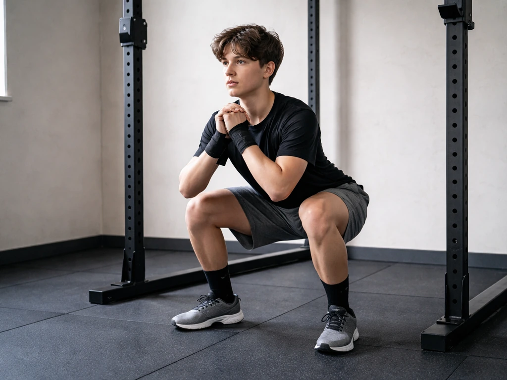 Teen doing proper form resistance training in a quiet gym, focused and safe