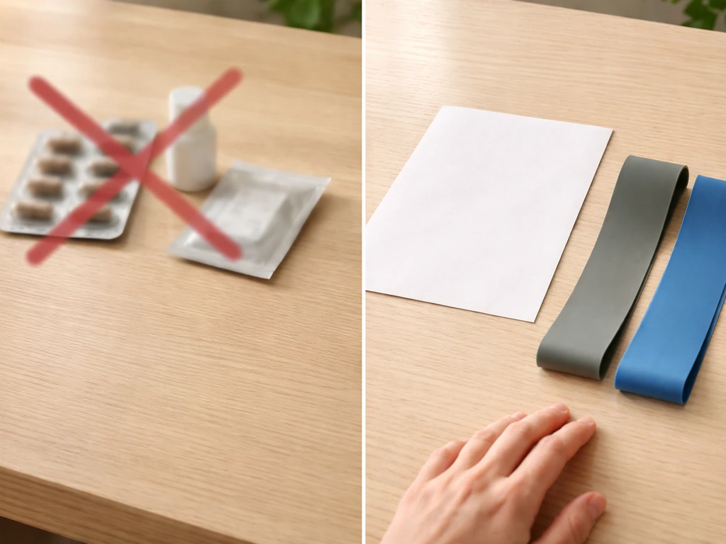 Tabletop showing blurred, blocked height-boost supplements beside simple stretching bands and safe-habit cues.