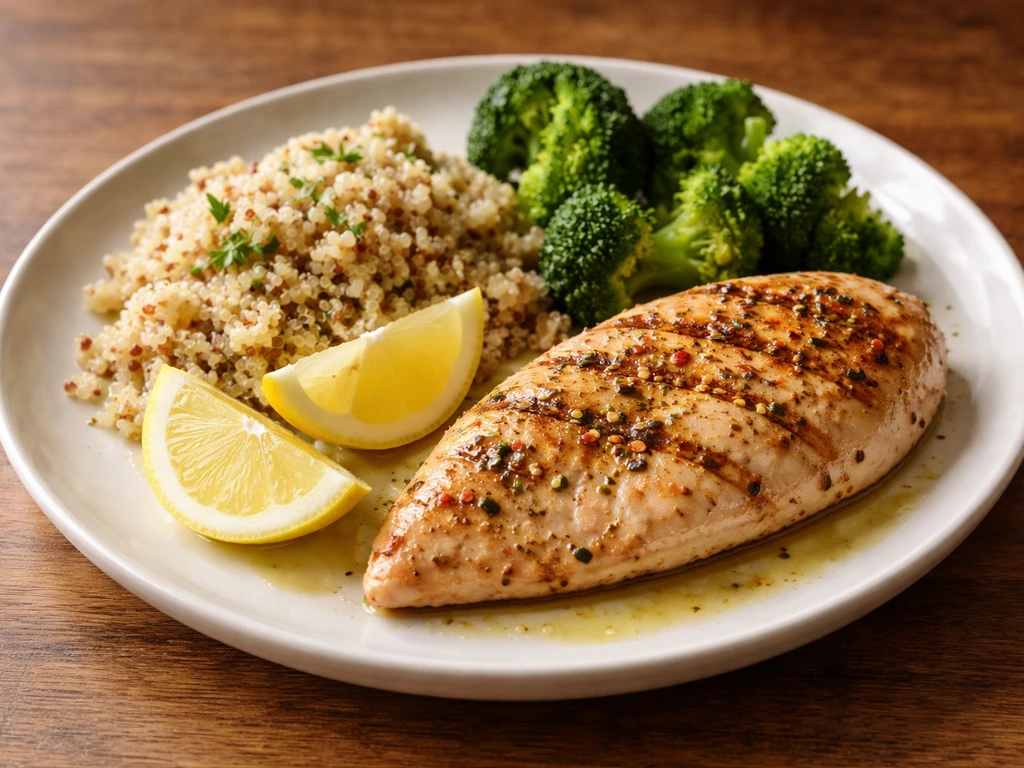 Balanced plate with chicken, rice, and broccoli to suggest adequate calories and protein for growth.