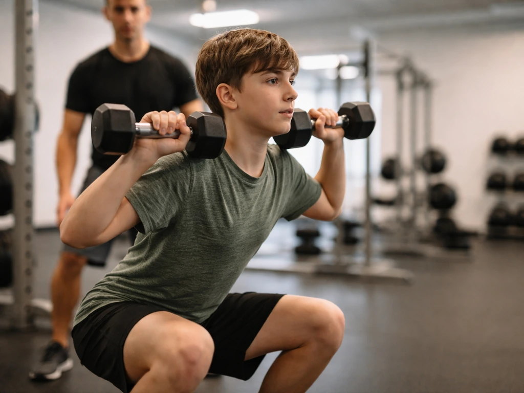Teen doing supervised resistance training with proper form in a clean gym.