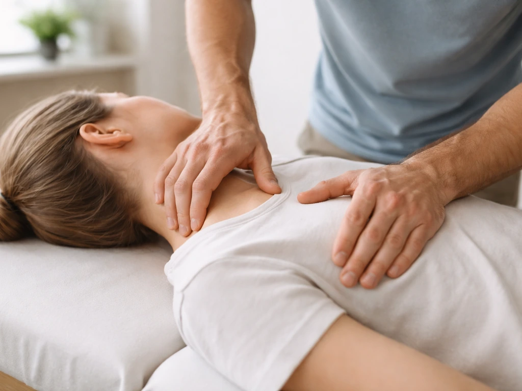 Clinician’s hands gently positioned on a patient’s upper back and neck during a spinal adjustment.