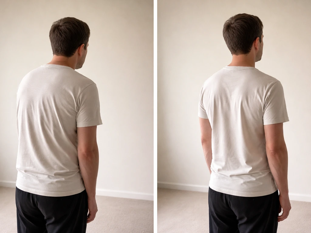 Over-the-shoulder view showing guarded compressed posture vs relaxed decompressed stance.
