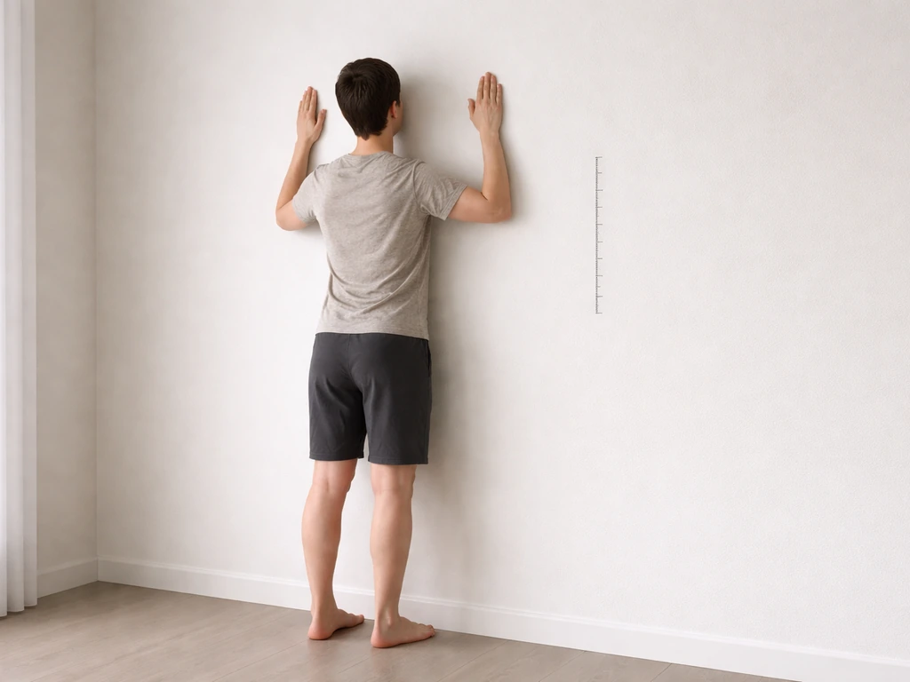 Adult in a simple home setting doing posture wall slides, with a plain standing height marker on the wall