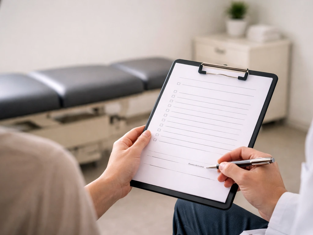 Anonymous clinician shows generic consent checklist in a calm chiropractic clinic exam room.