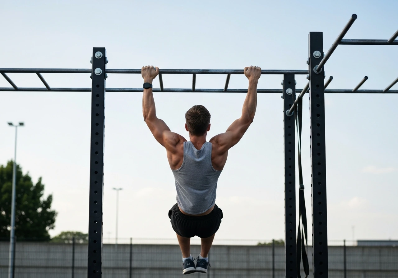 Person dead-hanging from a pull-up bar, body relaxed with safe suspension.