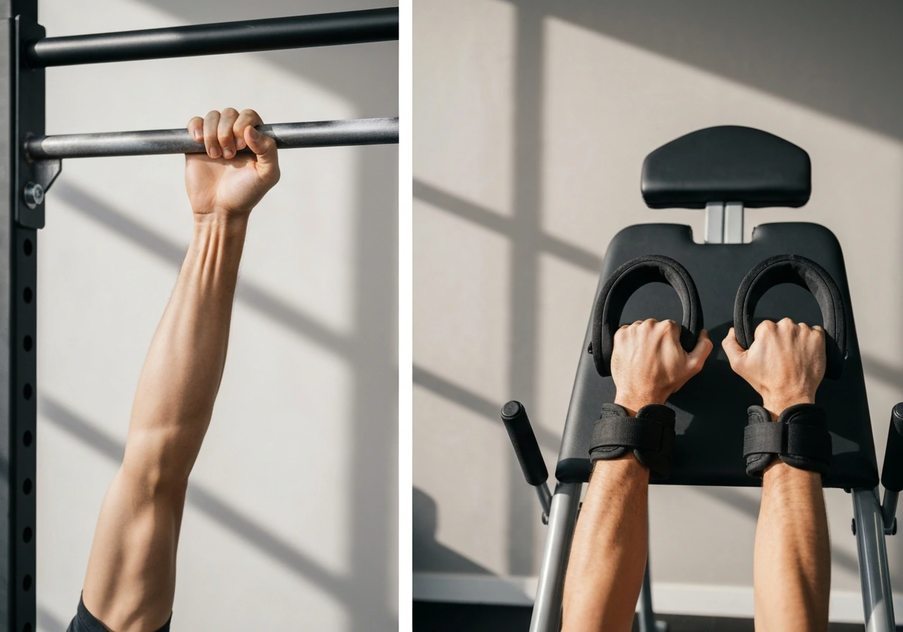 Close-up of a hand on a pull-up bar and an inversion table’s padded ankle hooks, no faces.