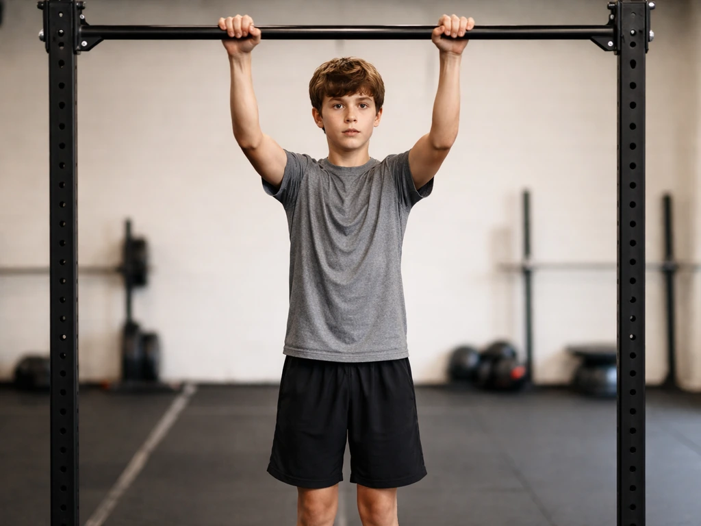 Teenager doing a short hang from a pull-up bar in a gym, focused on posture and form.