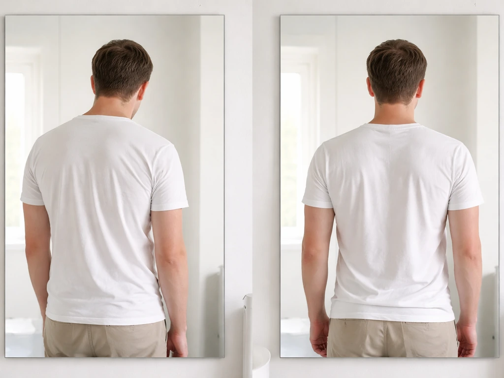 Side-by-side mirror view showing improved upright posture and shoulder alignment after hanging.