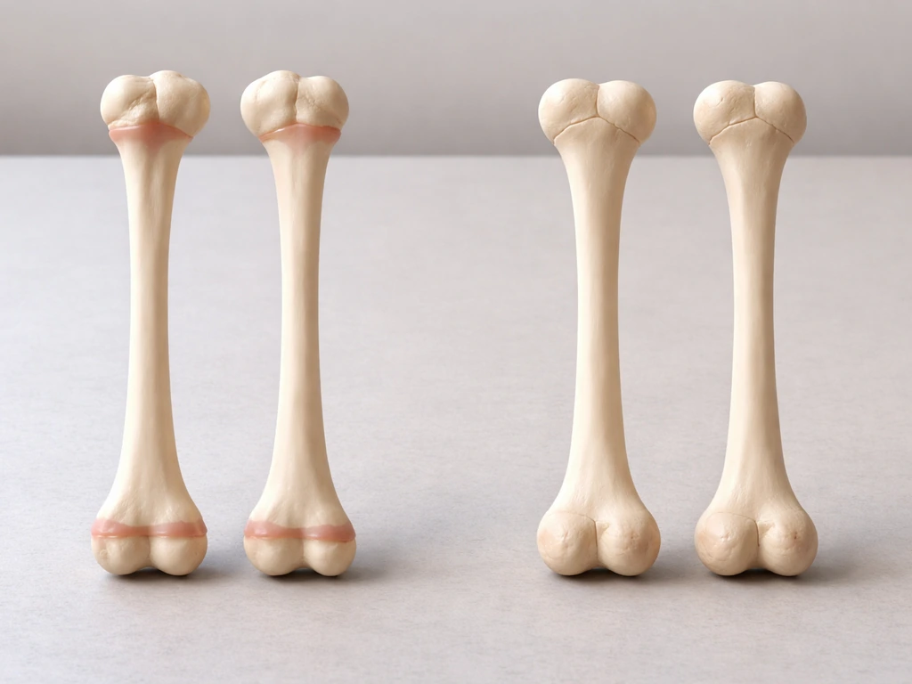 Side-by-side 3D models of a child’s open growth plates and an adult’s fused growth plates on a gray table.