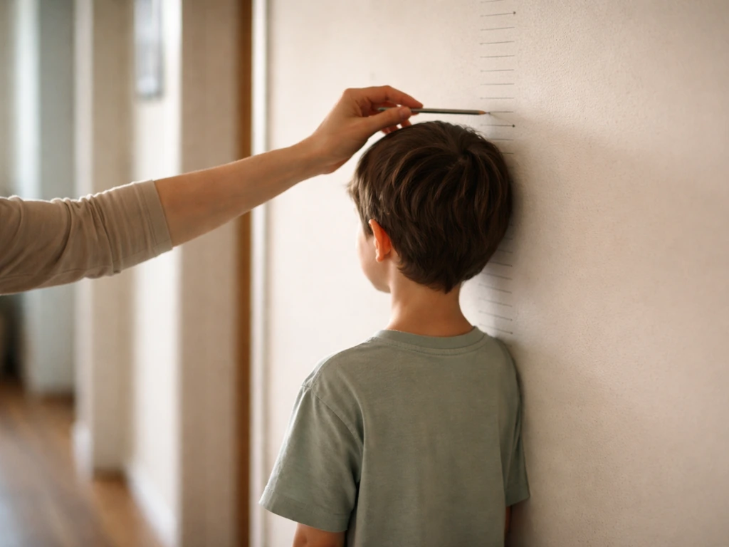 Child being measured for height beside a wall height chart in a bright, minimal home hallway.