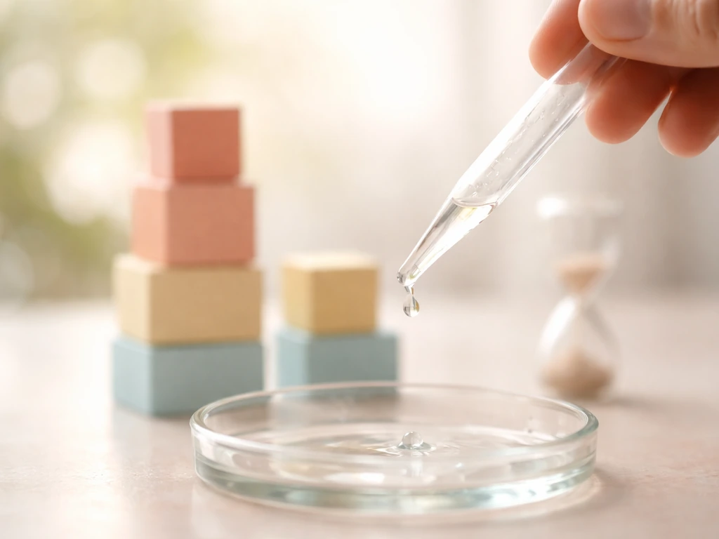 Close-up of a pipette releasing drops into a glass dish, with subtle vertical growth cues in the background.