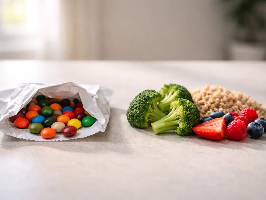 Split view of a sugary processed snack and a balanced meal with vegetables and whole grains on a table.