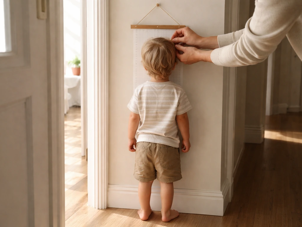 Parent’s hands help measure a child’s height beside a wall growth chart in bright natural light.