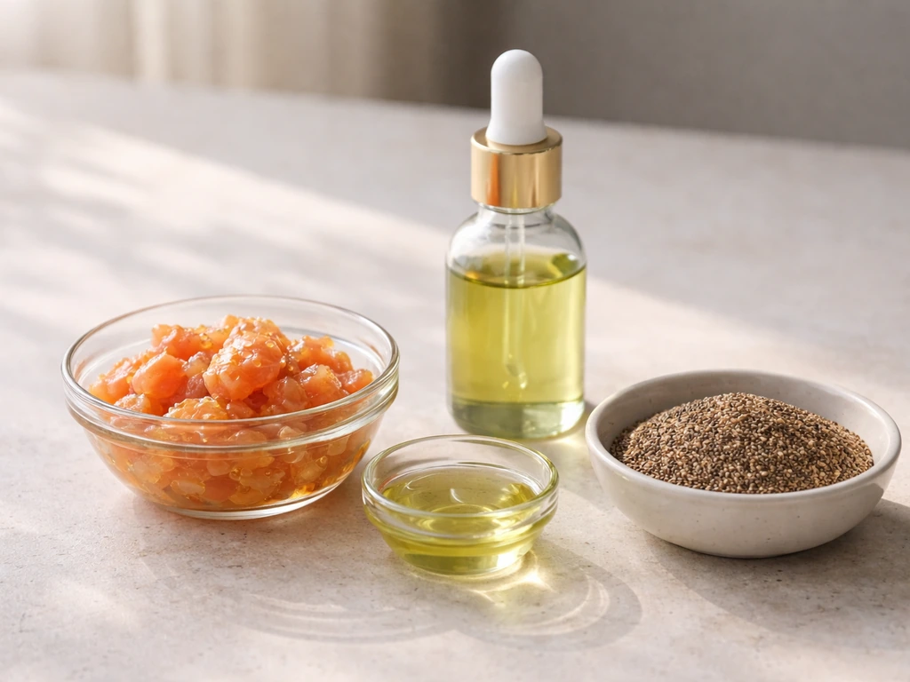 Three unlabeled containers on a table showing fatty fish, algae oil, and plant seeds for omega-3.