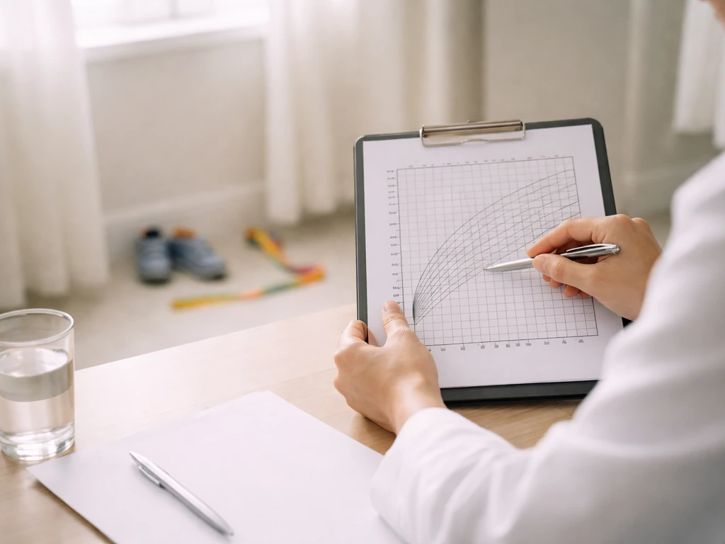 Clinician hands reviewing a child growth chart on a tablet, with a glass of water nearby
