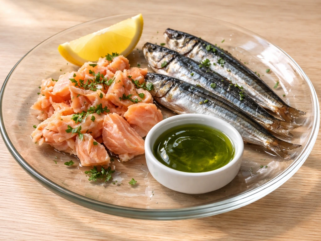 Plate with cooked salmon, sardines/anchovies, and a small serving of algae-based omega-3 oil in a simple setting.