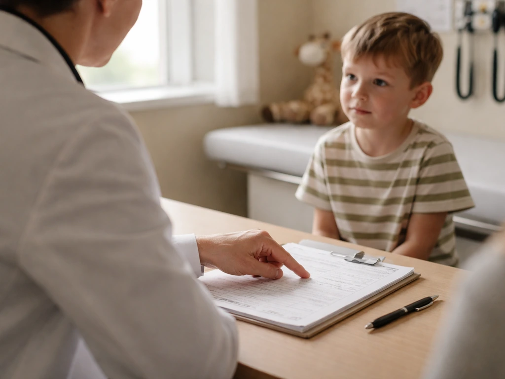 Pediatrician pointing to a chart during a calm clinic visit about omega-3 safety for a child.
