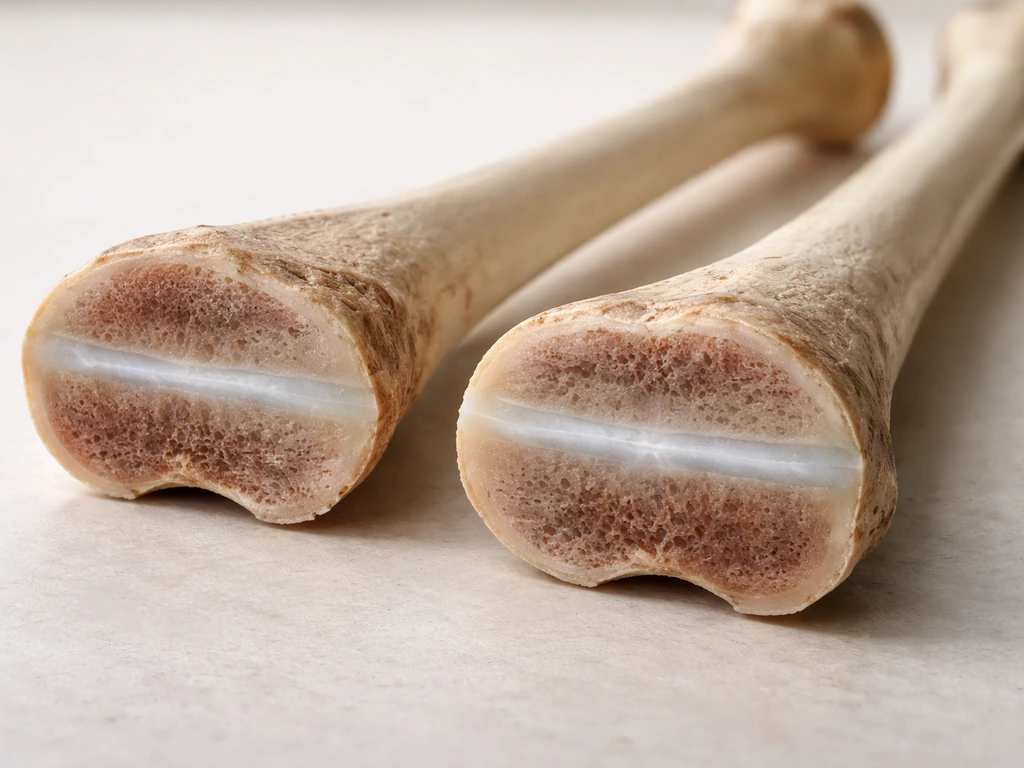 Close-up of anonymized femur and tibia segments showing translucent growth-plate cartilage discs.
