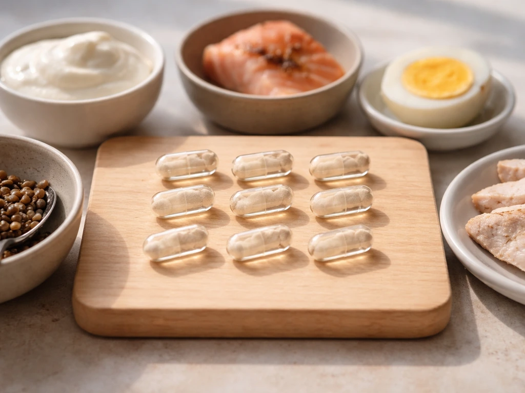 Nine nutrition-focused capsules and small bowls of yogurt, salmon, egg, and lentils on a wooden board.