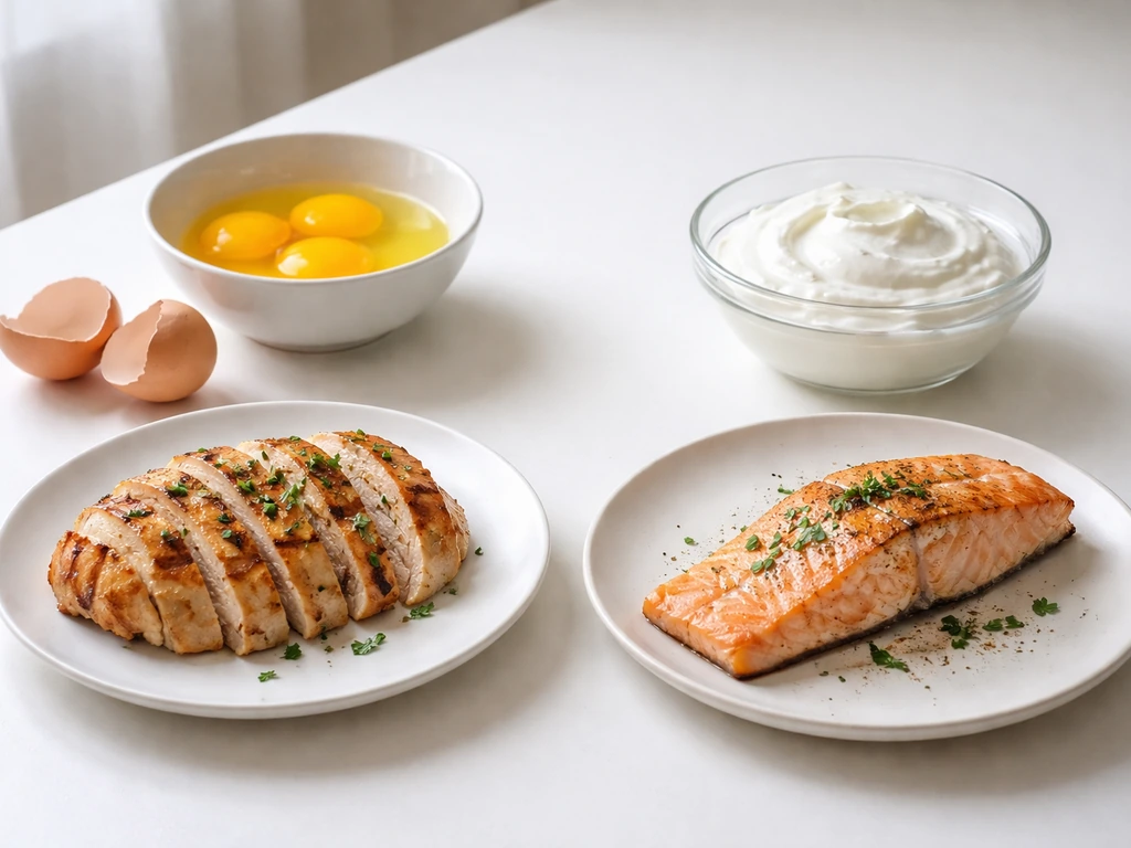 Minimal meal lineup of eggs, grilled chicken, salmon, and yogurt showing complete protein sources.