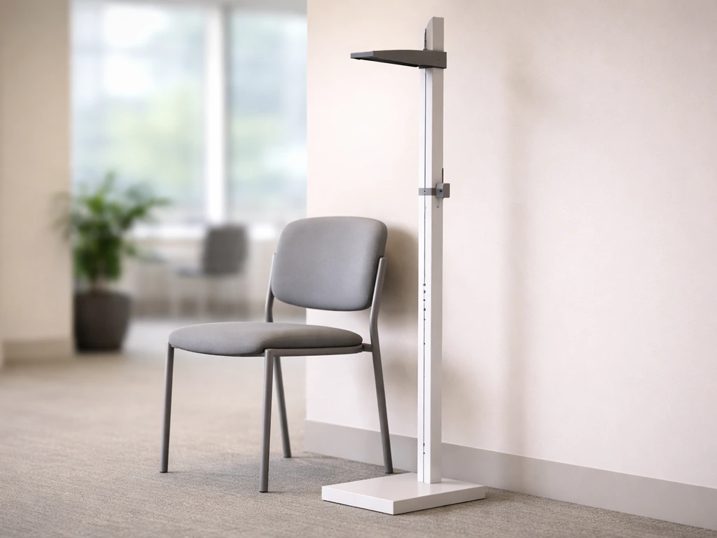 Minimal office desk scene with a stadiometer-like height-measuring device, symbolizing adult height limits after growth