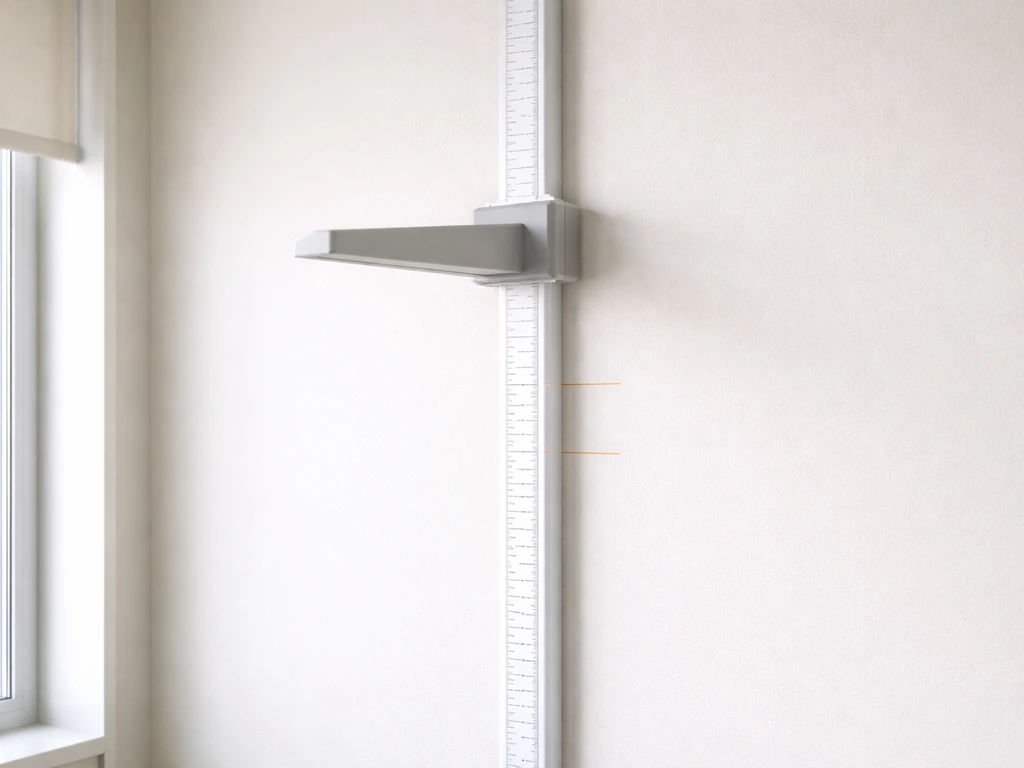Adult stadiometer with tape markers showing nearly unchanged height across two time points.