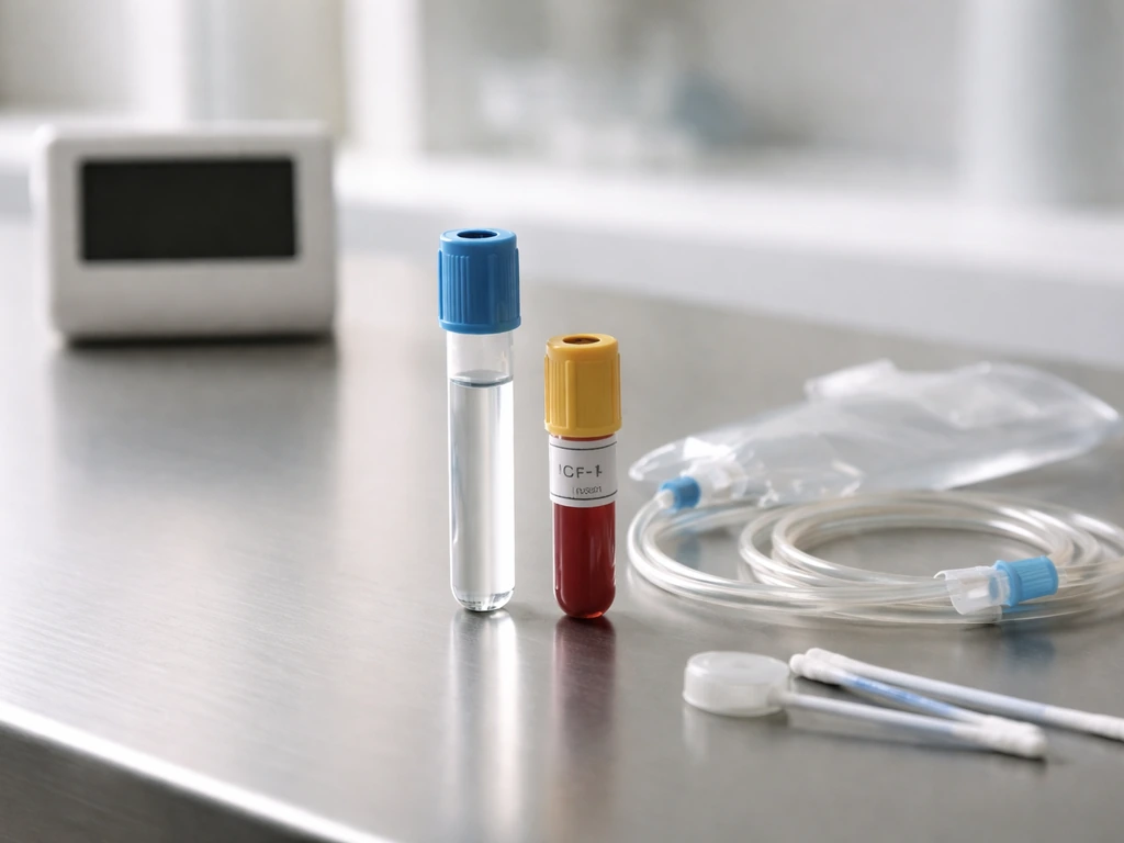 Endocrinology lab setup with IGF-1 blood sample tube and a timed protocol device, showing diagnostic testing.
