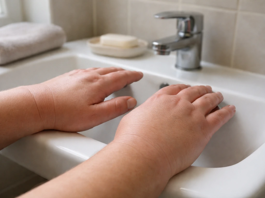Swollen, puffy hands resting near a sink to suggest fluid retention and edema risk from GH.
